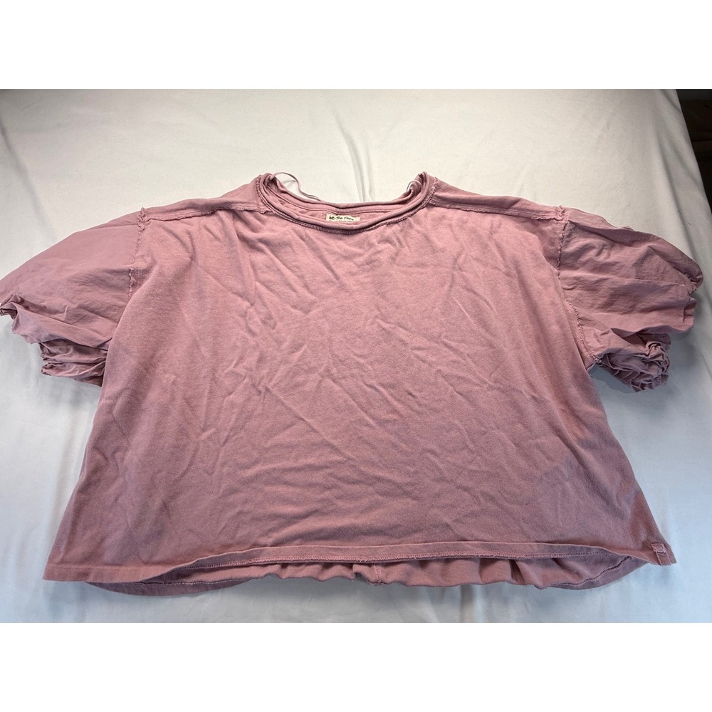 We The Free People Womens XL Pink Ribbed Puff Sleeve Boxy Cropped T-Shirt Top